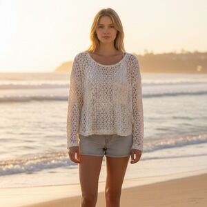 Honolua Wahine Crochet Ivory Sweater Womens S Long Sleeve‎ USA Boho Coastal Hip